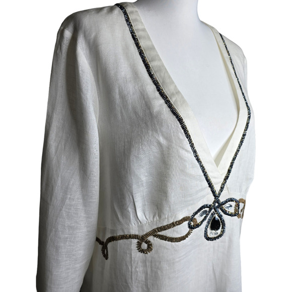Chico’s Sawyer Optic White Sequin Swimsuit Coverup Linen Tunic Size 2/Large - Picture 2 of 14